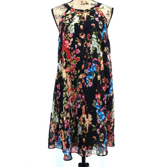 Betsey Johnson Women Dress 10 Floral Chiffon Halter Lined Zipper Pleated Elegant - Picture 1 of 10